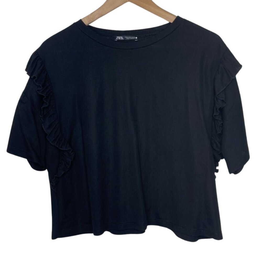 ZARA | Boxy Black Ruffle Flutter Sleeve Top | Size S